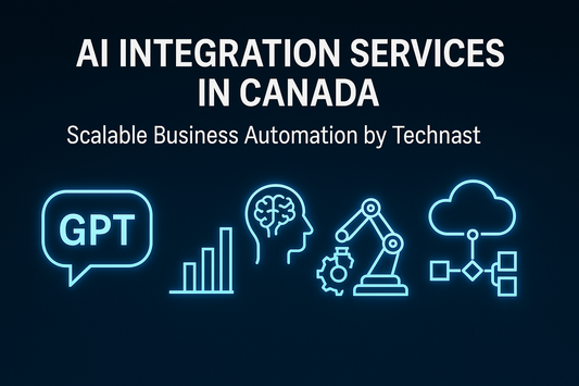 Technast AI integration services banner with glowing icons for GPT, data, automation, and system scaling on a blue gradient.