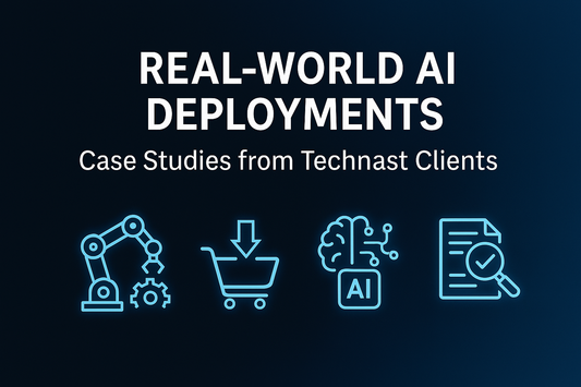 Banner showing deployed AI systems including automation, e-commerce, quality control, and vision-based tools from Technast.