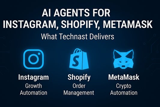 Technast AI agents for Instagram, Shopify, and MetaMask with platform icons, glowing effects, and dark tech-styled background.