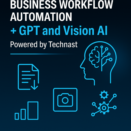 Workflow automation design featuring logic flow, vision inspection, document processing, and GPT routing tools by Technast.