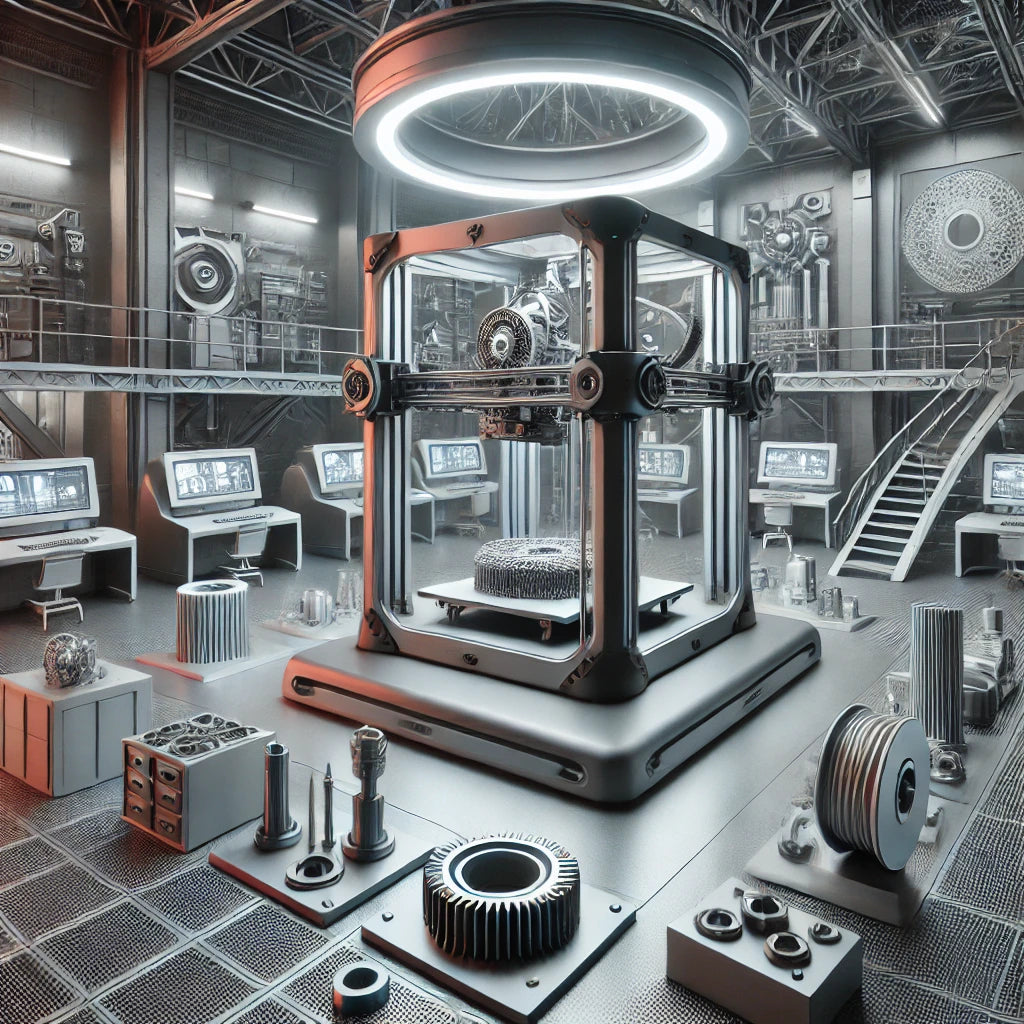 Futuristic 3D printing setup in a modern industrial environment with a large 3D printer creating a complex prototype, surrounded by various printed parts, showcasing precision and innovation.