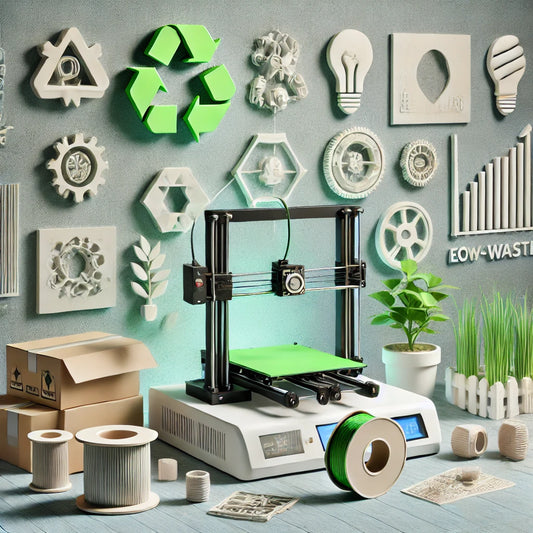 Modern sustainable 3D printing setup using recycled and biodegradable filaments, with eco-friendly products and energy-efficient equipment, highlighting low-waste and sustainable manufacturing practices.