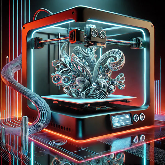 A futuristic 3D printer in action, creating an intricate, biomorphic design with glowing accents, set in a high-tech environment.