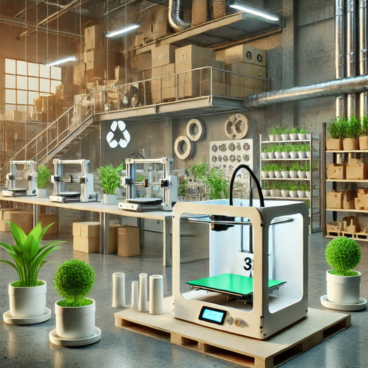 3D printing technology in action, showcasing custom parts and prototypes being printed with eco-friendly materials in a sustainable manufacturing environment.