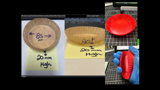 Side-by-side comparison of prototype baking cups. Top row: brown paper samples showing 85 mm diameter and 20 mm height. Bottom row: red 3D-printed flexible prototypes held in a gloved hand and placed on a workbench, replicating the final molded product.