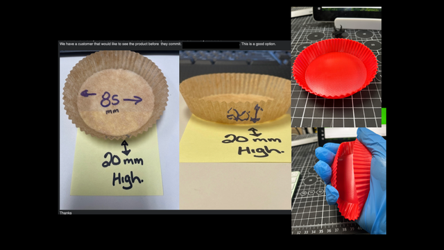 Side-by-side comparison of prototype baking cups. Top row: brown paper samples showing 85 mm diameter and 20 mm height. Bottom row: red 3D-printed flexible prototypes held in a gloved hand and placed on a workbench, replicating the final molded product.