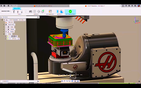 A Haas CNC machine setup showing a detailed CAD model in simulation mode, demonstrating toolpath programming and multi-axis machining precision.