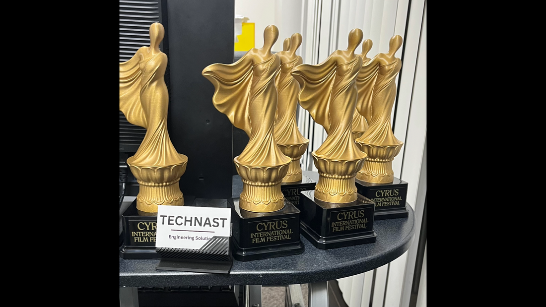 Custom 3D-printed trophy designed and produced by Technast for the Cyrus International Film Festival, created from an AI-generated concept image and finished with professional painting and detailing.