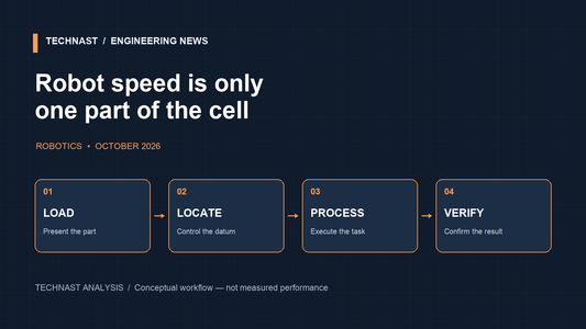 Concept diagram showing four stages of a robot cell: load the part, locate it, process it and verify the result.