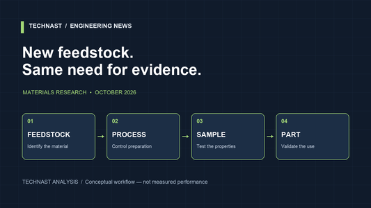 Concept diagram showing a candidate biocomposite progressing through processing, sample testing and a defined part application.