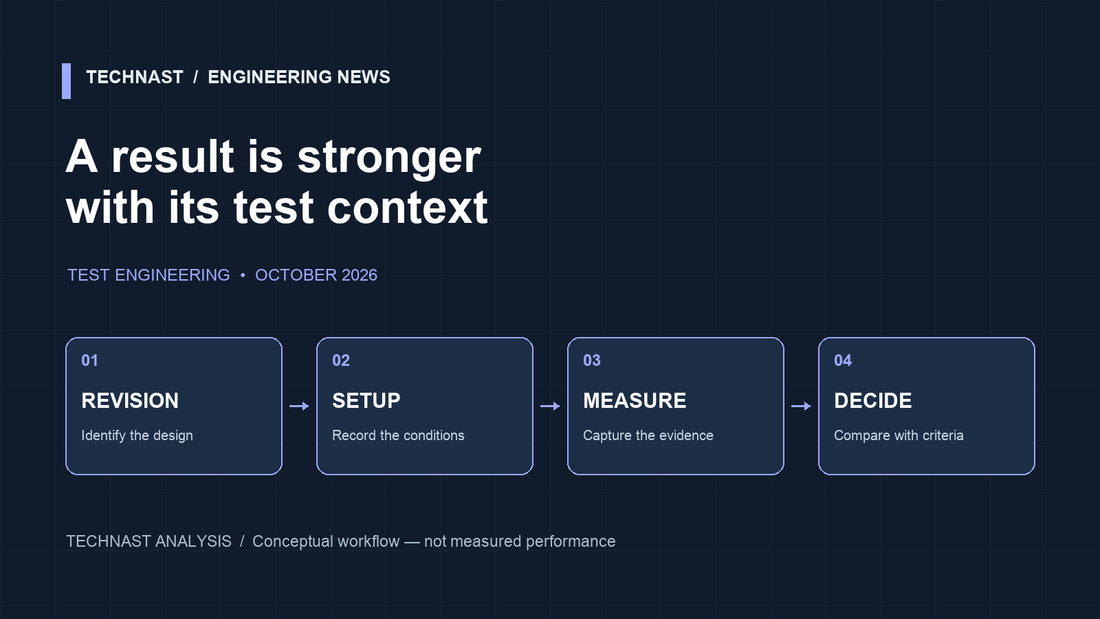 Concept diagram connecting a prototype revision, a test setup, a measurement and a design decision through a traceable test record.