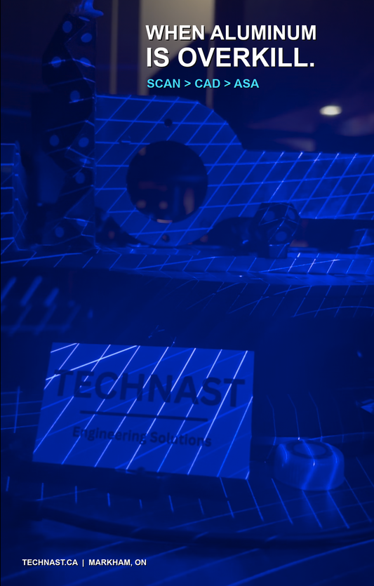 Customer component captured by TECHNAST for 3D scanning, CAD reconstruction, and ASA part production as an alternative to aluminum machining.