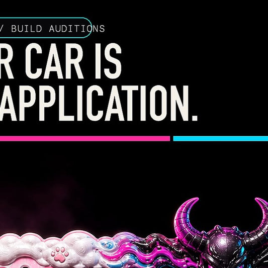 TECHNAST custom license plate frame Instagram feature showing a neon pink and cyan automotive design