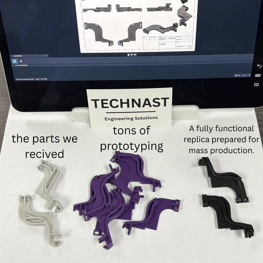 Technast reverse engineering: Original gray window shade brackets (left), purple 3D prototypes (center), and final black RH MPBR & LH MPBR production-ready parts (right) with CAD on screen.