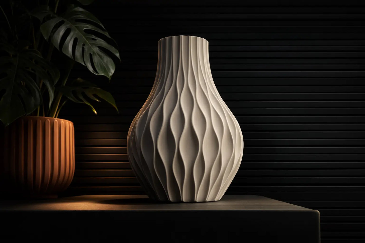 3D printed sculptural vase with wave texture