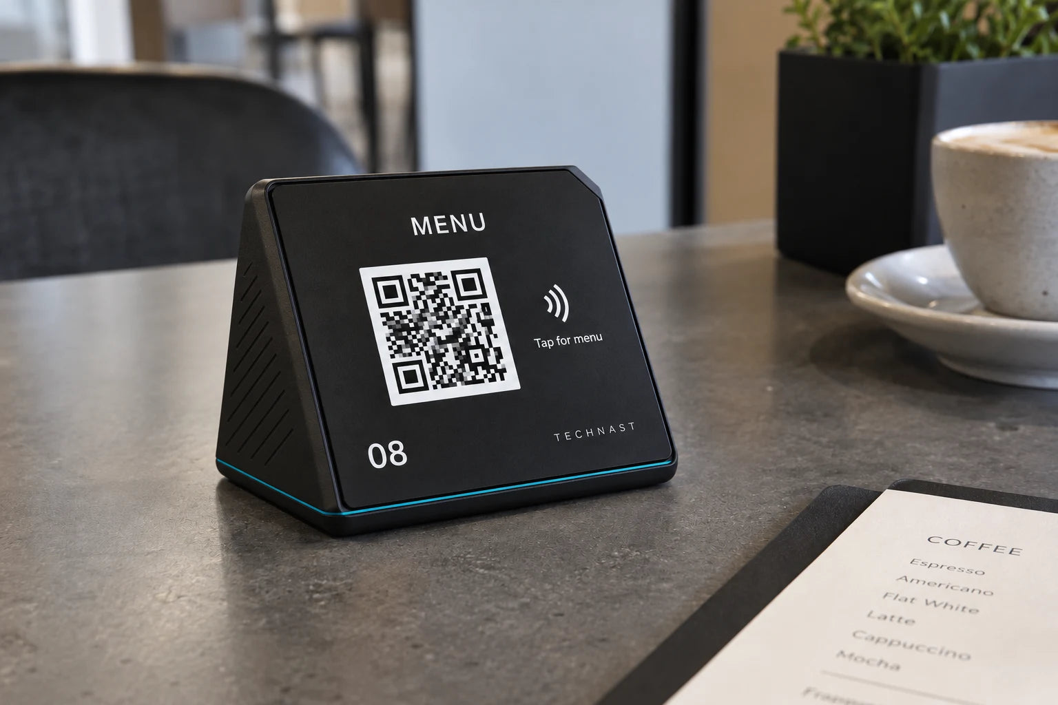 Original graphite 3D-printed compact menu stand concept with a neatly fitted face panel
