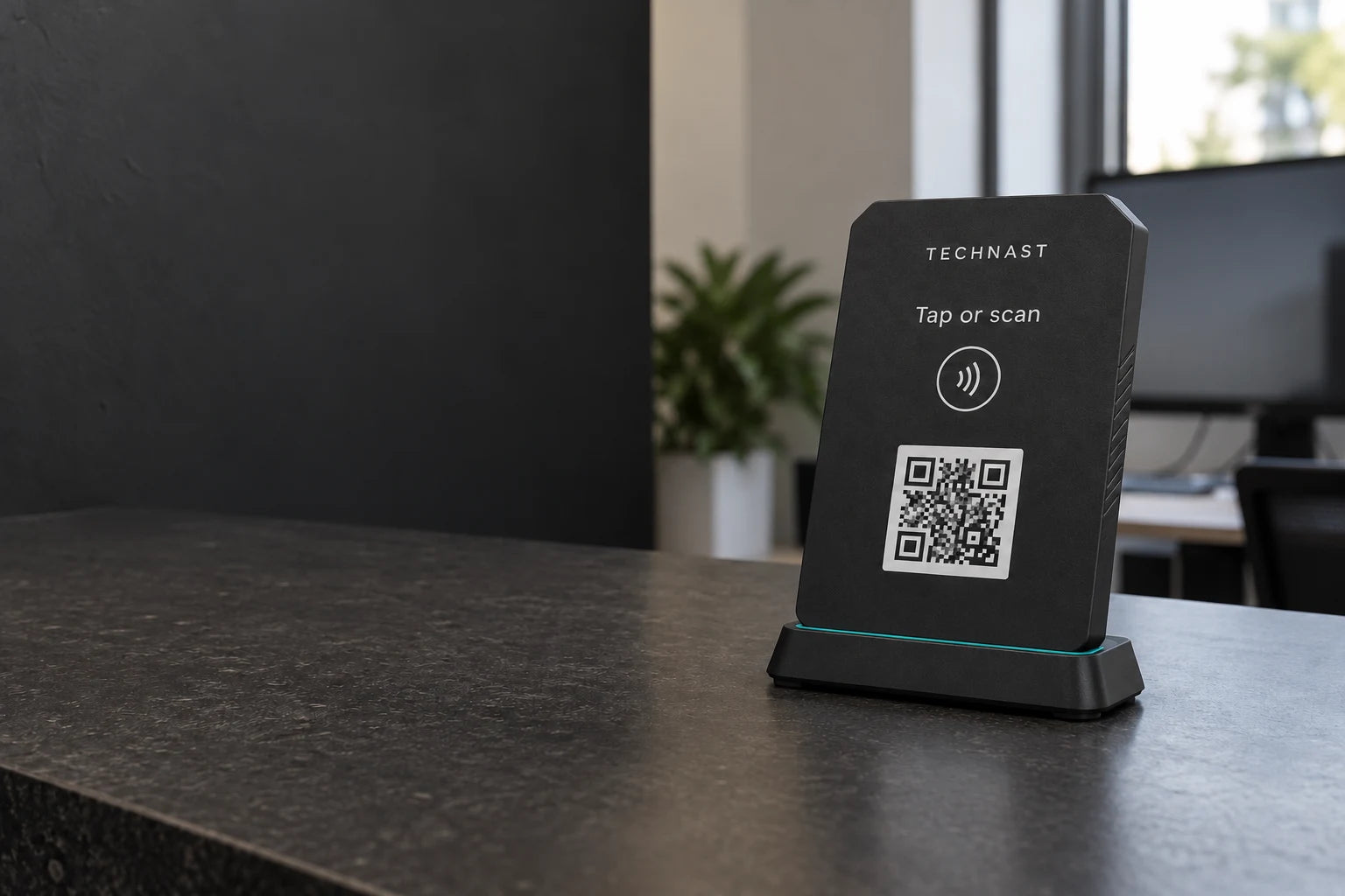 Compact graphite 3D-printed NFC tap and QR display concept with a satin black face